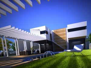 3D rendering of a design house with modern swimming pool
